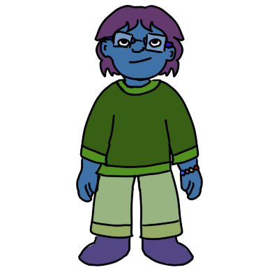 a child with blue skin, glasses, and straight purple hair that goes to around their neck. they're wearing a colorful bracelet, purple shoes, green pants, and a green shirt.